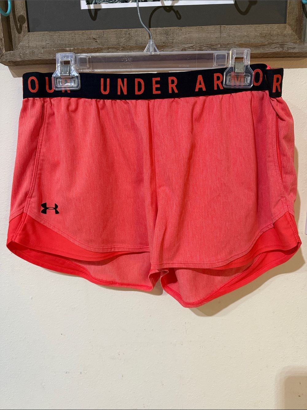 Under Armour Women's Coral-Pink Athletic Shorts with Black Branded Waistband